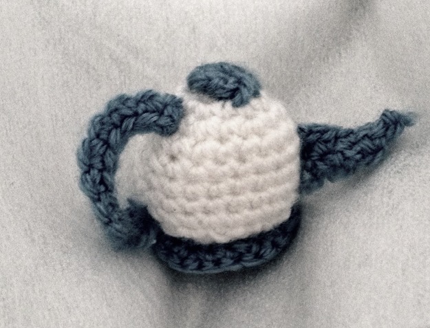 Crochet teapot - Not quite black and white - Ive left a hint of the blue in there